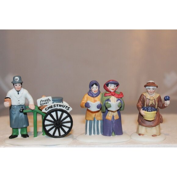 Dept 56 Dickens Village - Violet Vendor, Carolers & Chestnut Vendor - Picture 1 of 9